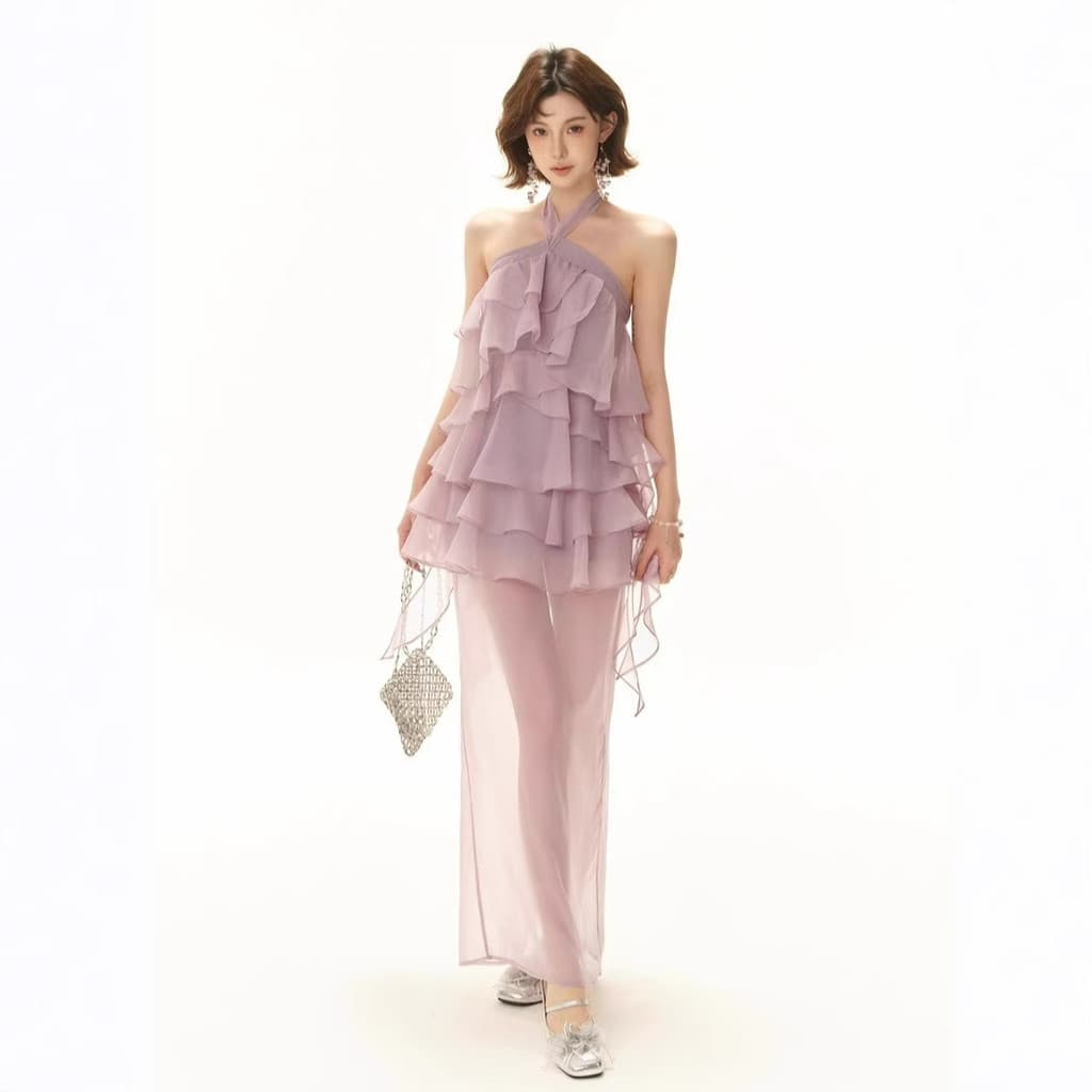 Estilo de férias preguiçoso 2025 senhoras início do verão elegante sentimento bolo roxo rendas Halter vestido fenda