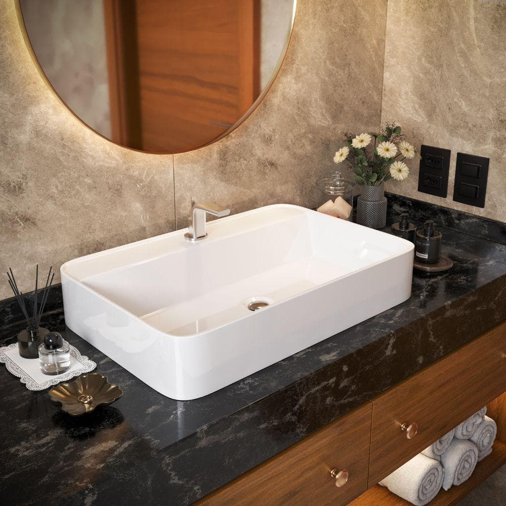 Cuba De Apoio Topázio Grande 60x40 Branca Luxo Mármore Sintético Banheiro Lavabo Movelove
