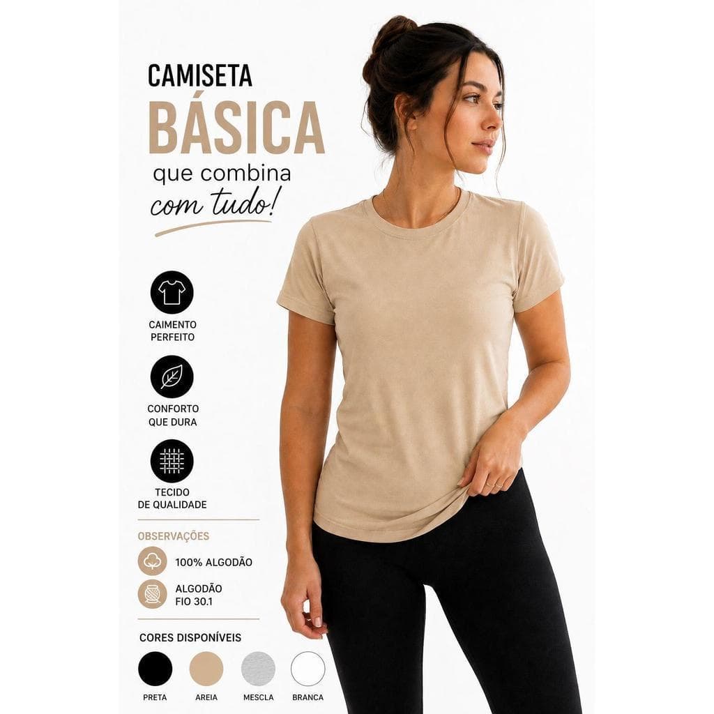 Kit 1 a 3 Tshirt feminina basica 100% algodão baby look premium
