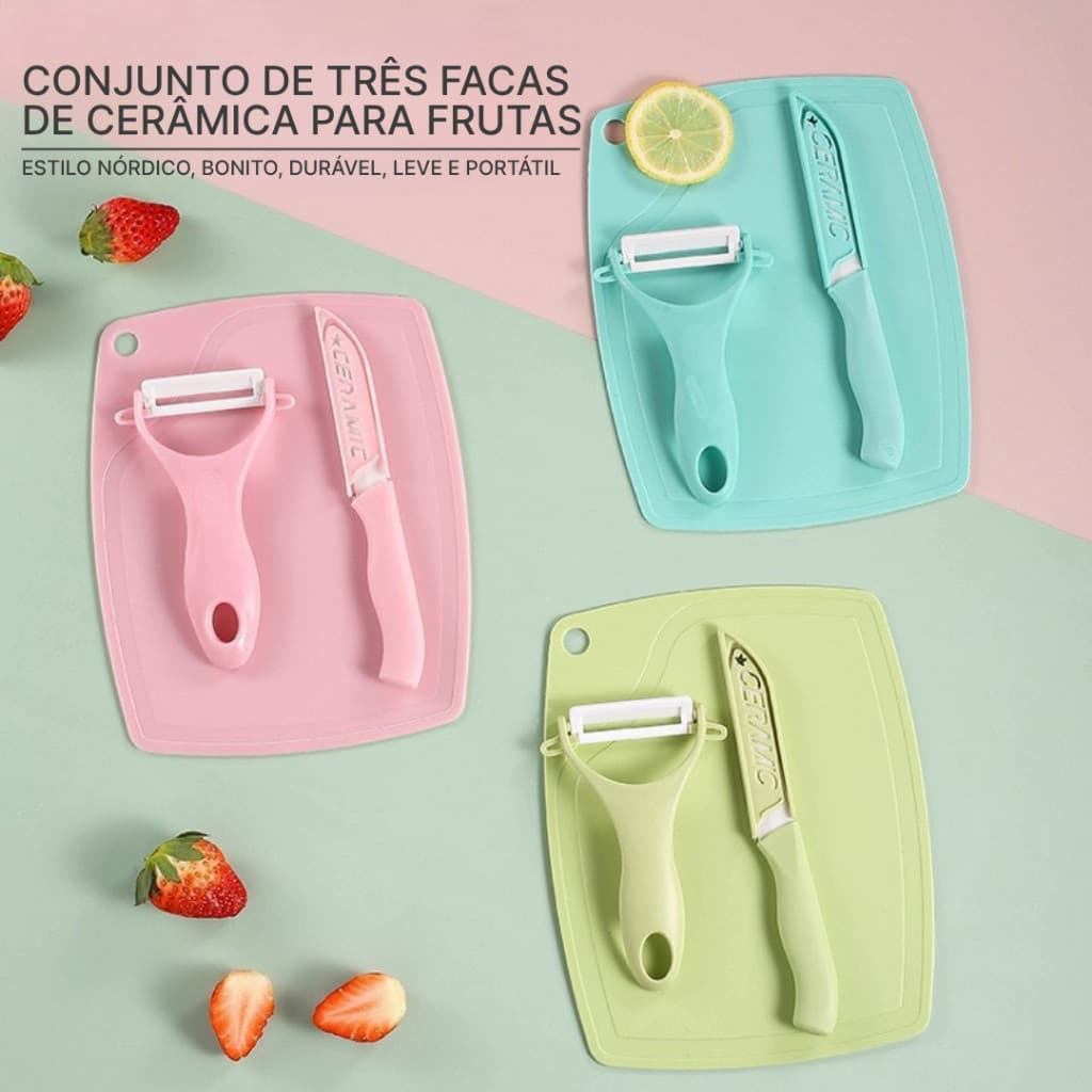 Jogo De Facas Cozinha Com Tabua De Corte E Descascador Legumes Frutas Kit 3 Pecas
