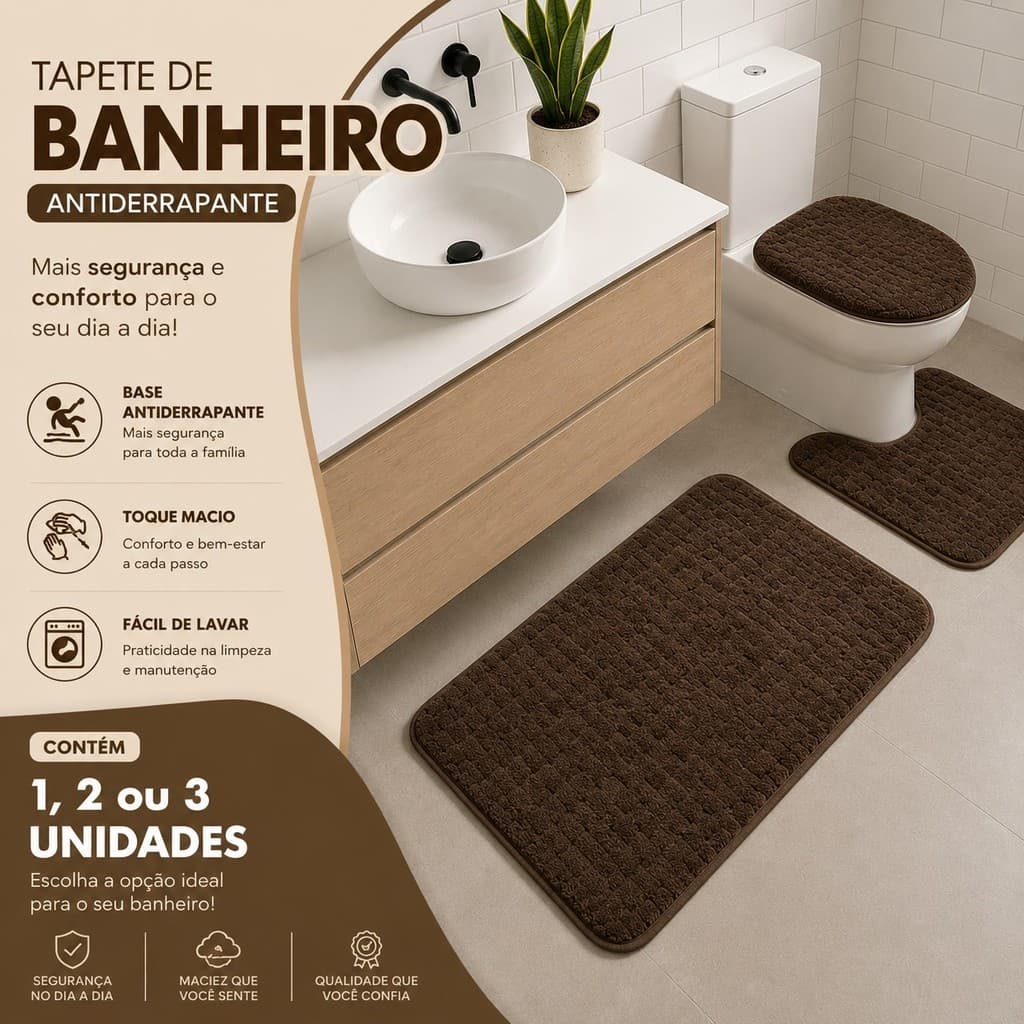Tapete para Banheiro Antiderrapante Kit 1,2 ou 3 Peças Algodão e Pelúcia