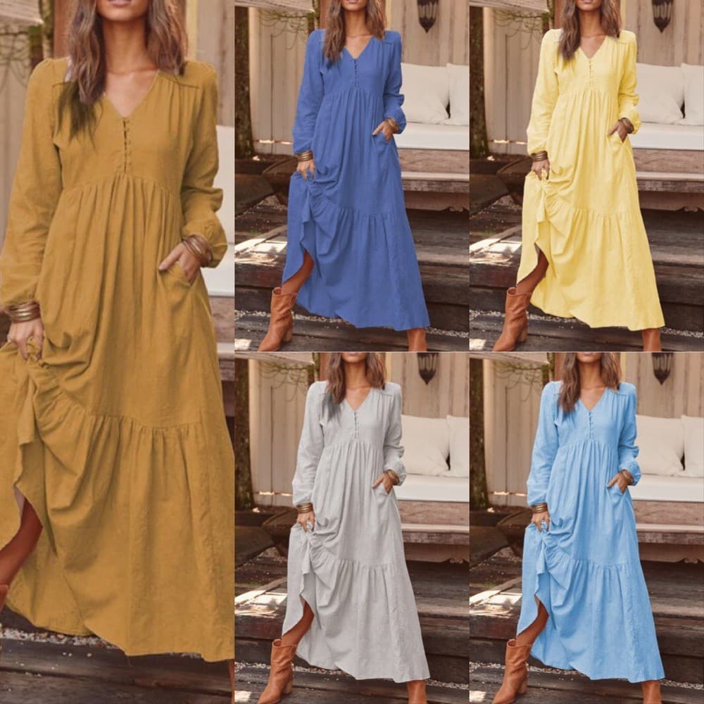 2025 outono inverno europeu americano comércio exterior feminino botão algodão linho Retro Casual vestido de manga compr