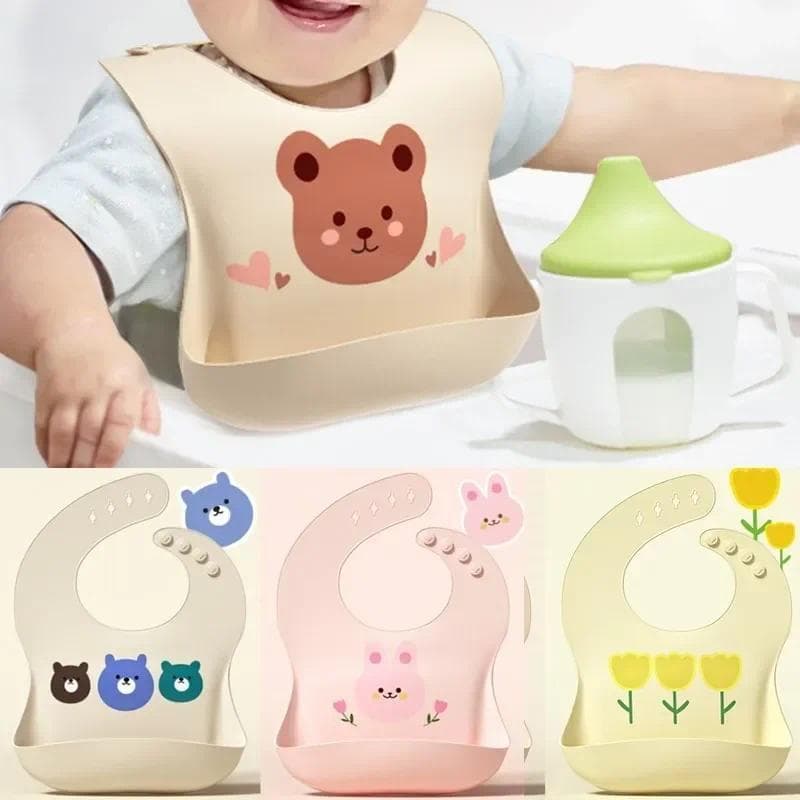 Babador de Silicone Macio Impermeável Ajustável para Bebês, com Estampa de Urso de Desenho Animado, Babadores Fofos, Pan
