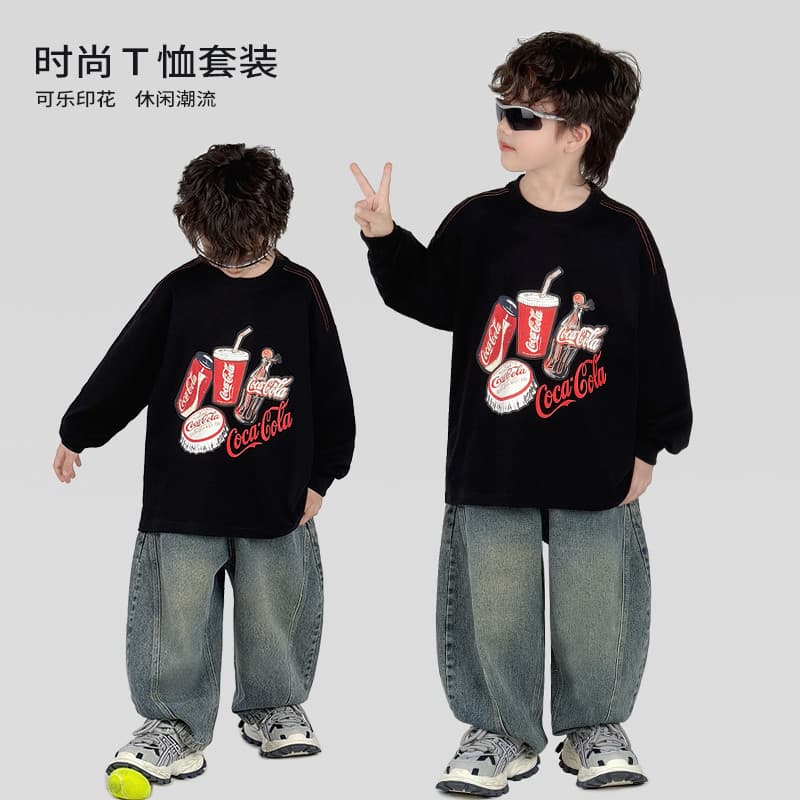 Trabalho médio menino terno moda impresso manga comprida camiseta Jeans primavera outono Casual terno de duas peças * ZH