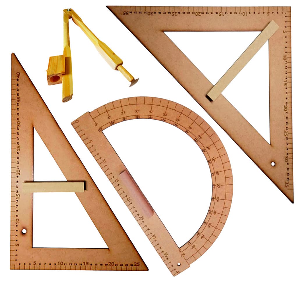 Kit Geométrico do Professor Mdf Com Esquadros 45° + 60° + Transferidor 180° + Compasso Para Quadro Branco Souza ou SB