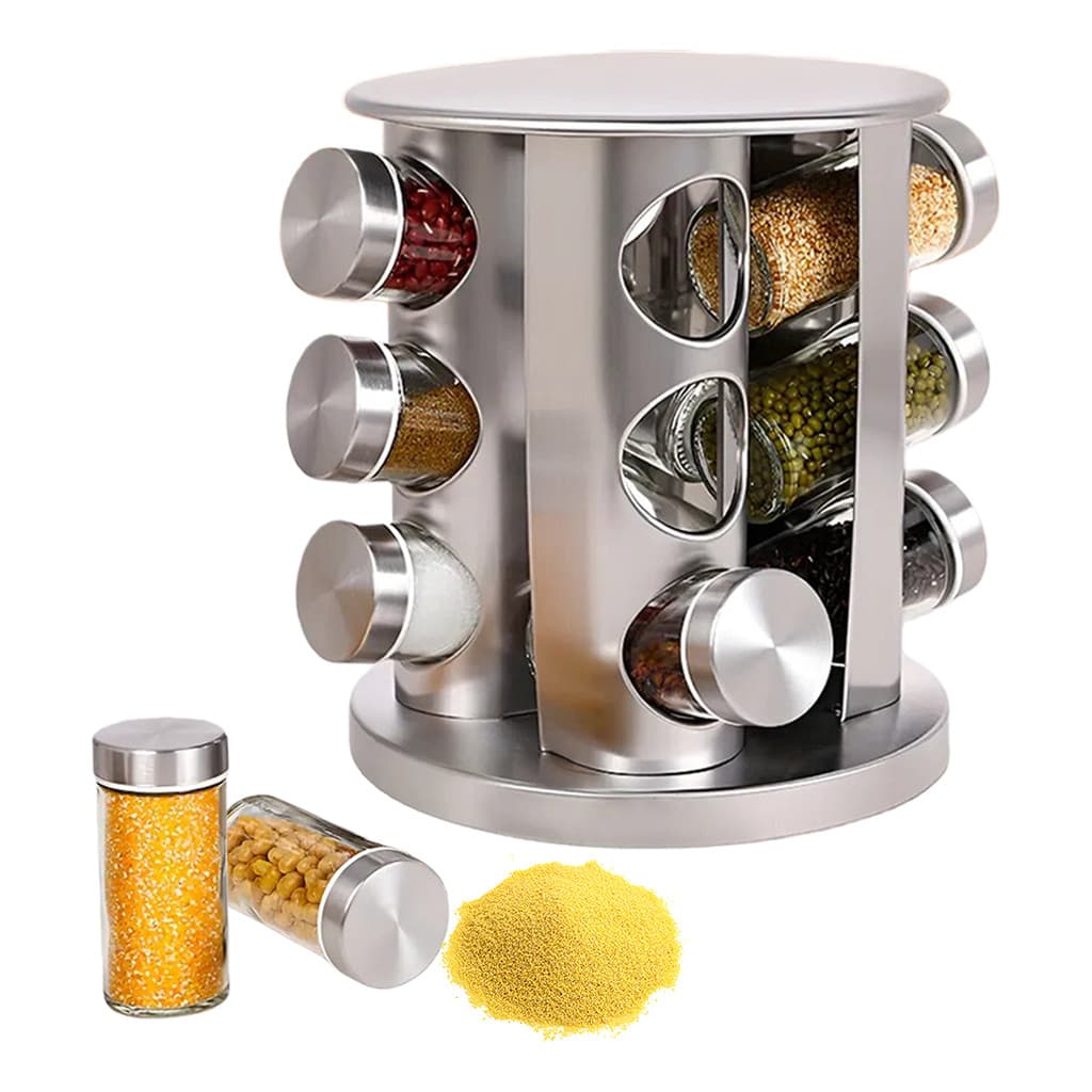 Porta Tempero Giratório 360 Com 12 Potes Vidro Suporte Inox
