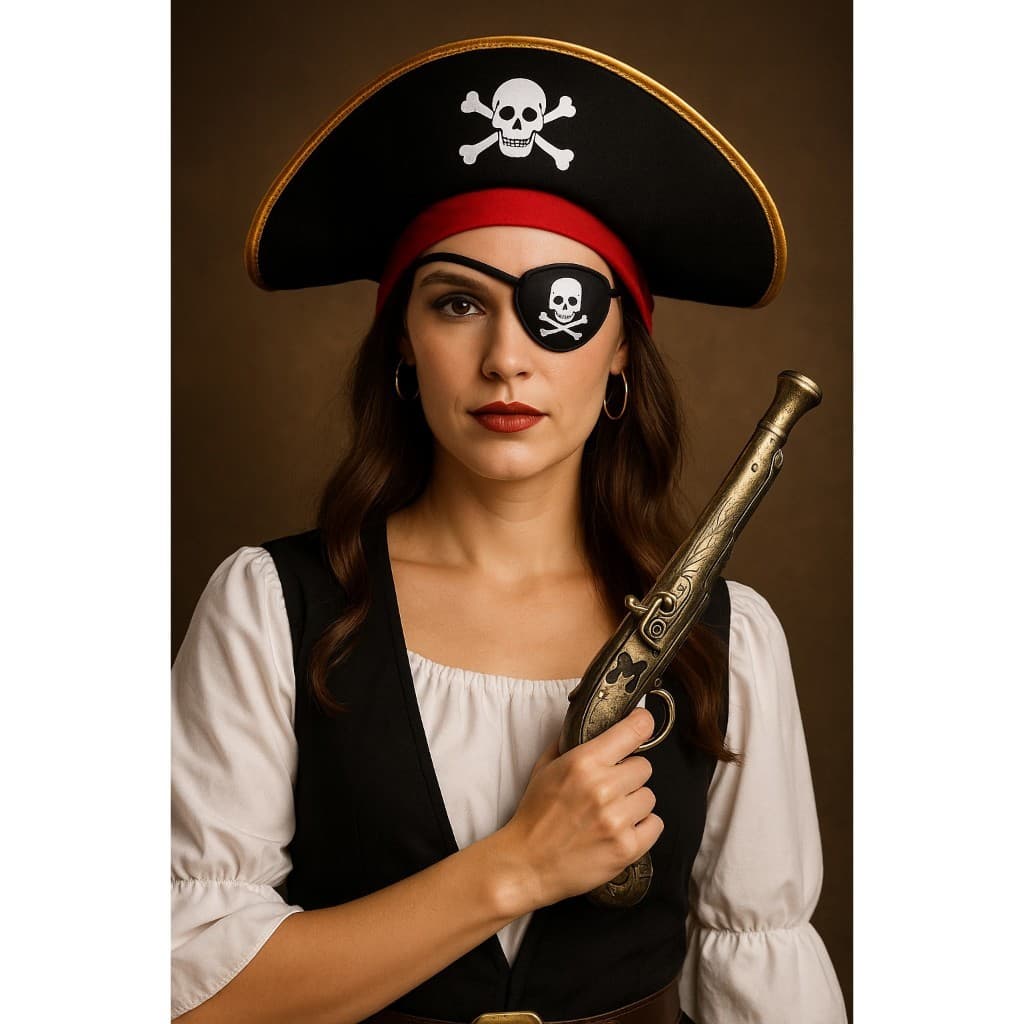 Fantasia de Pirata Feminina Carnaval Chapeu Tapa Olho Bandana Brinco Garrucha Arma Brinquedo