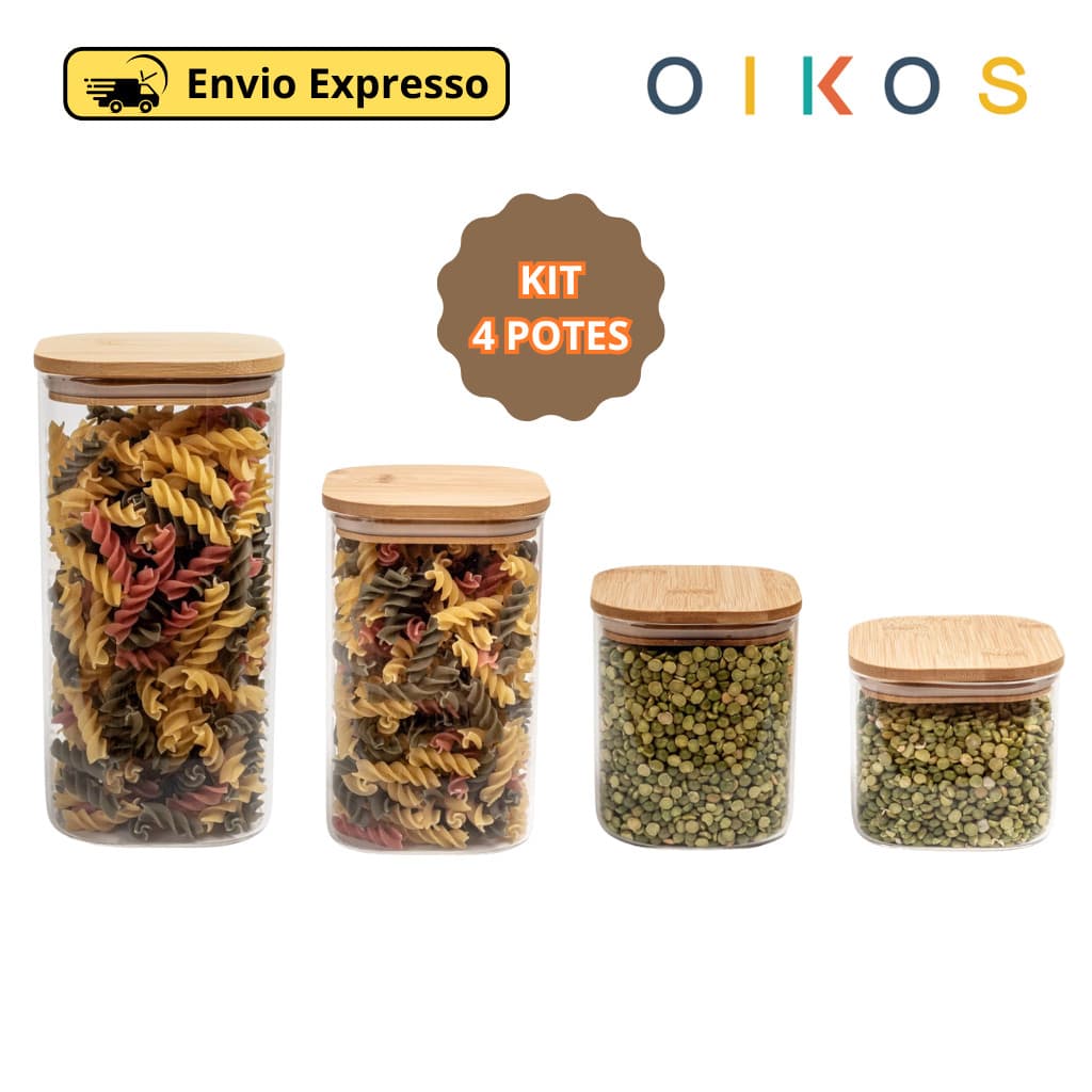 Kit 4 Potes De Vidro Tampa De Bambu Herméticos Quadrados OIKOS