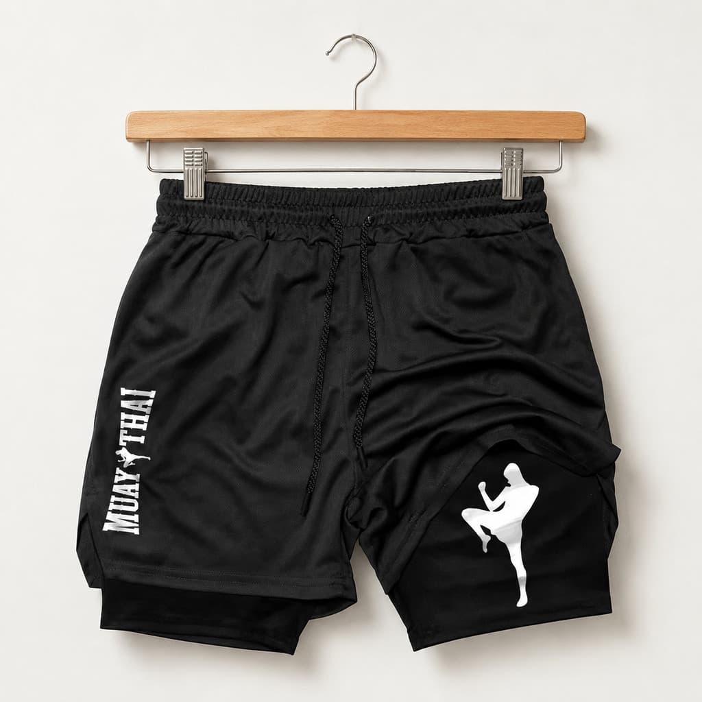 Short Duplo Masculino Muay Thai Compressão Academia Treino Luta Esportivo Premium