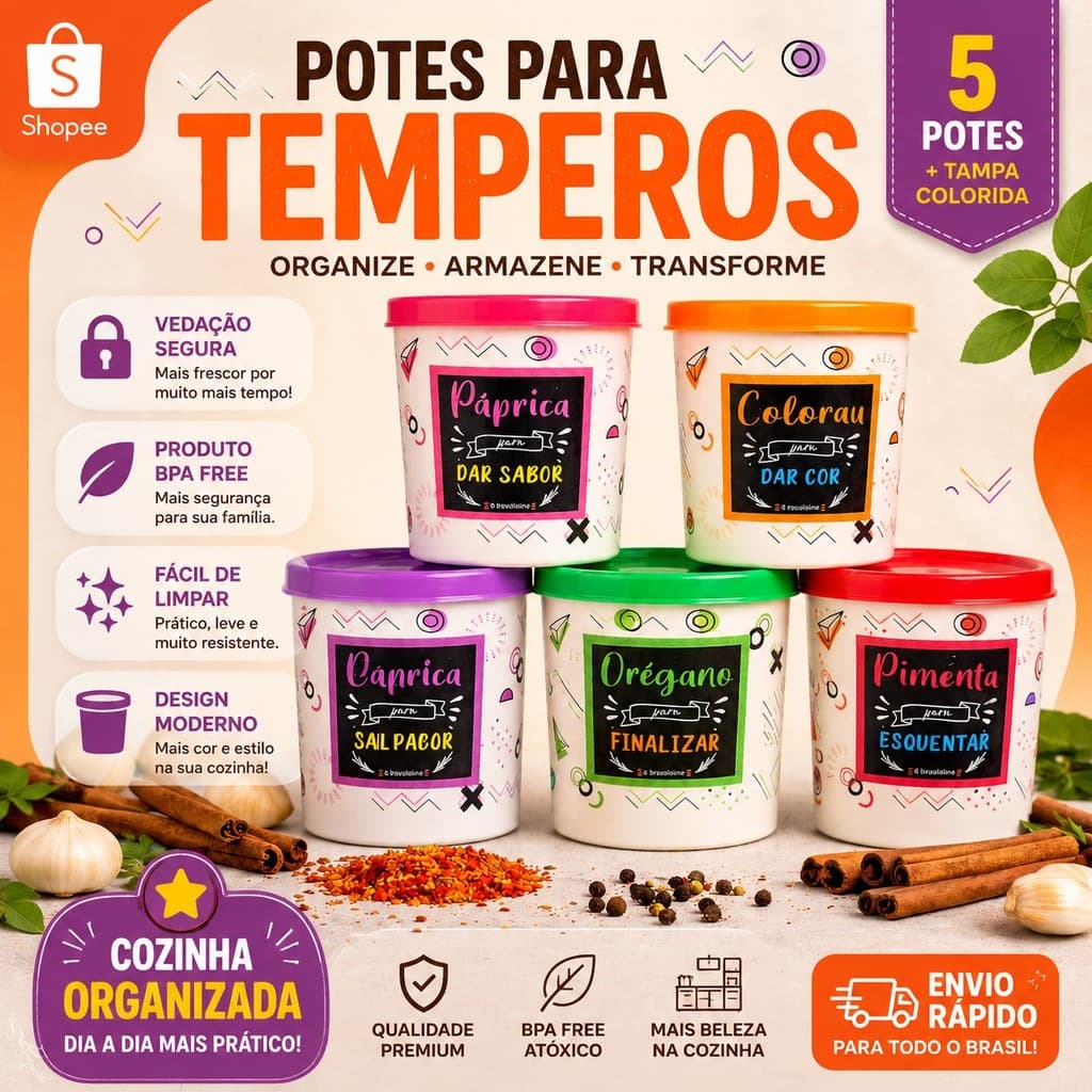 Kit 5 Potes Plásticos Porta Condimentos, Temperos e Especiarias 200 ML
