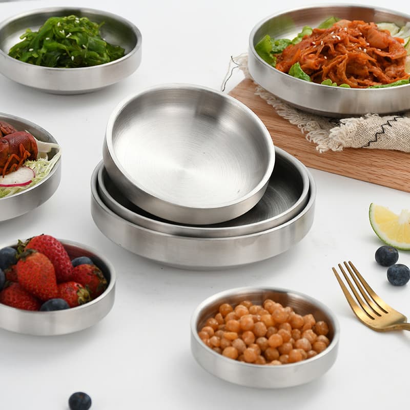 Estilo coreano de aço inoxidável aprofundado dupla camada Kimchi tigela prato frio tigela de arroz prato tempero tigela
