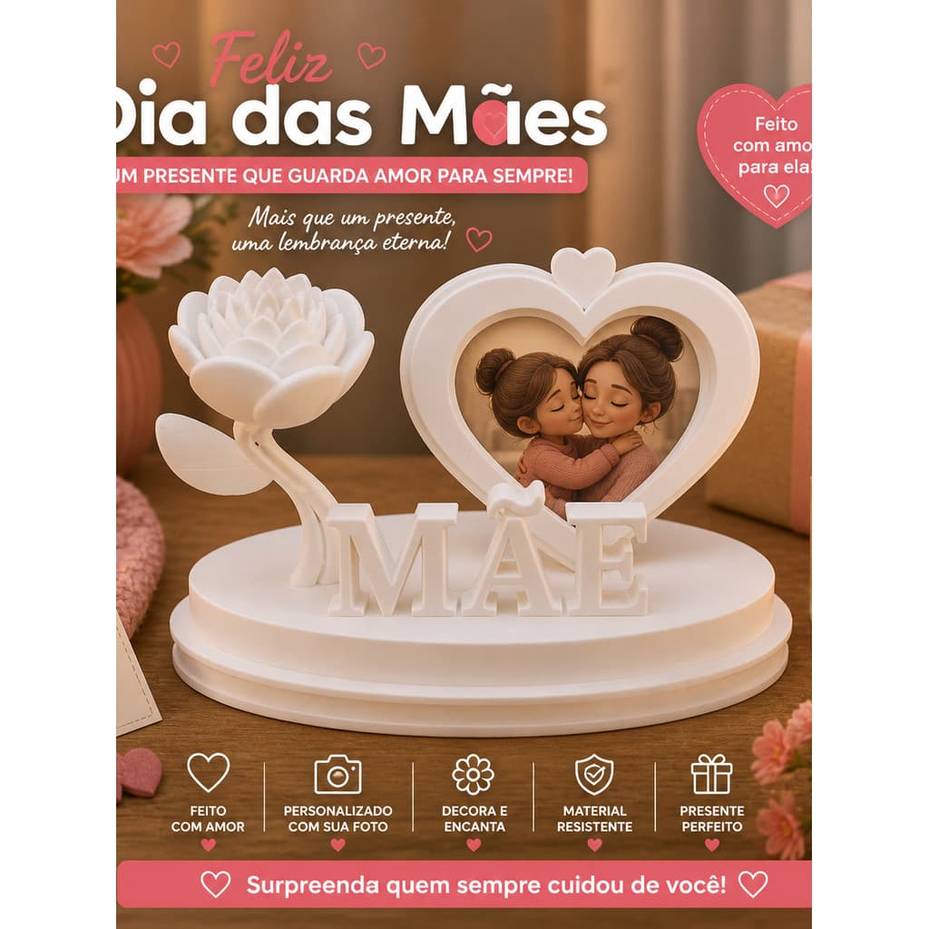 Porta Retratos Dia das Mães Personalizado Porta Foto Coração Mãe Com Flor Presente Criativo Decorativo  Mesa Quarto