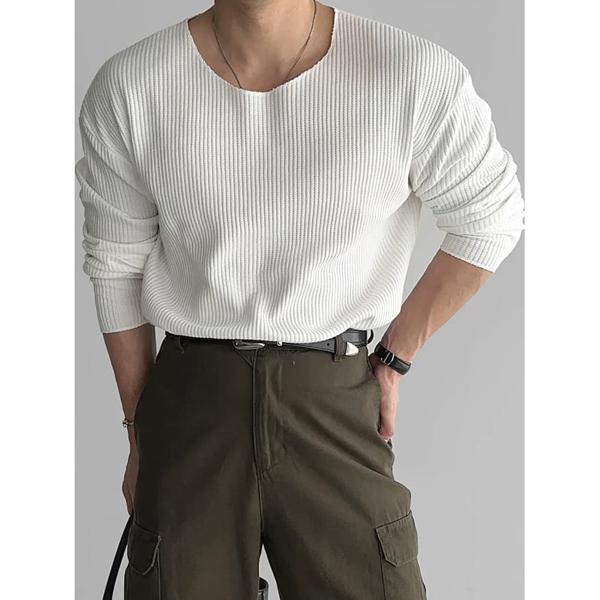Suéter americano em forma de u com decote grande, camiseta masculina texturizada solta de manga comprida com listras sol