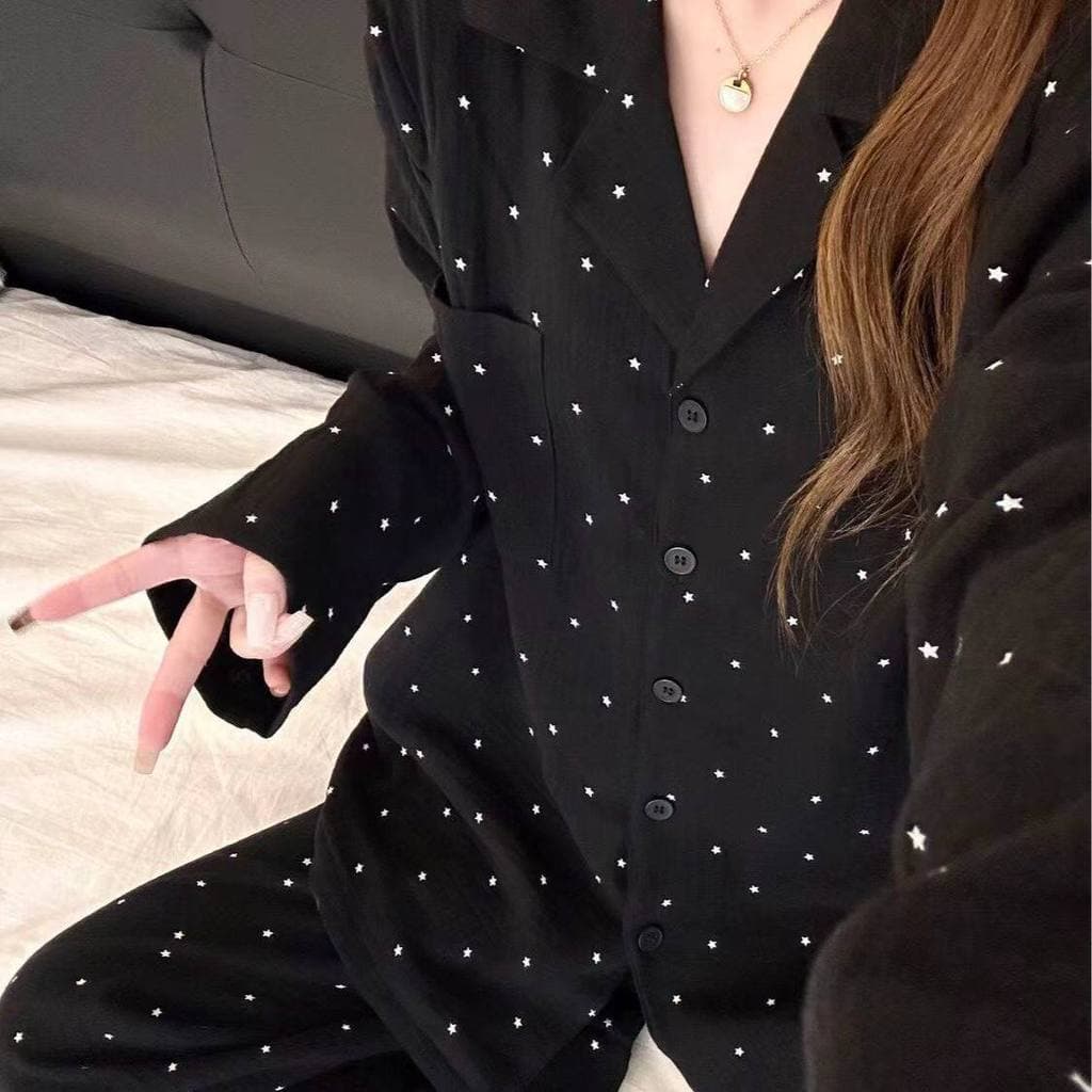 Pijama estrela preta longo outono nuvem algodão calças de manga comprida bonito dos desenhos animados menina casa roupas