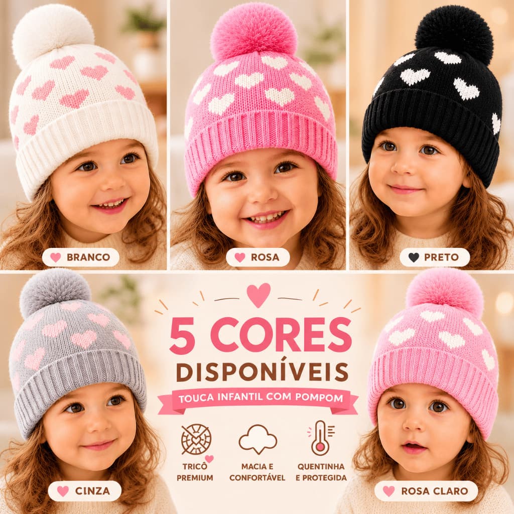 Touca De Frio Menina 1 A 4 Anos Gorro Bebê Coração Forrado De Inverno Macio Quentinho