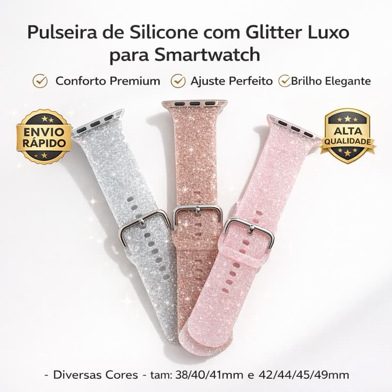 Pulseira de Silicone com Glitter - Diversas Cores - tam: 38mm - 42mm