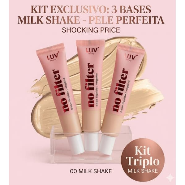 Kit 3x Base Líquida Vegana "No Filter" LUV Beauty - Tom 00 Milkshake