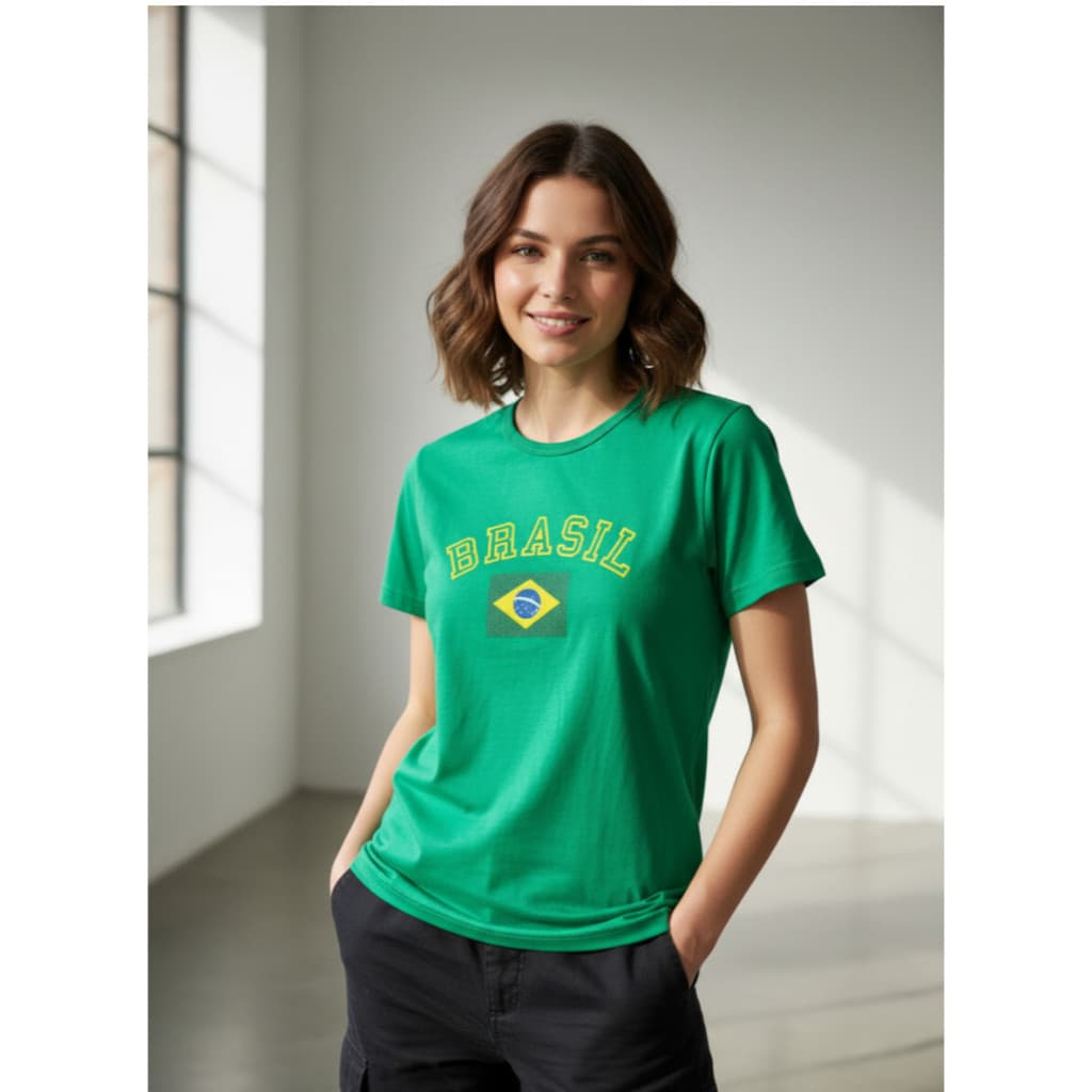 Camiseta Brasil baby look feminina 100% algodão estampada copa verde e amarela