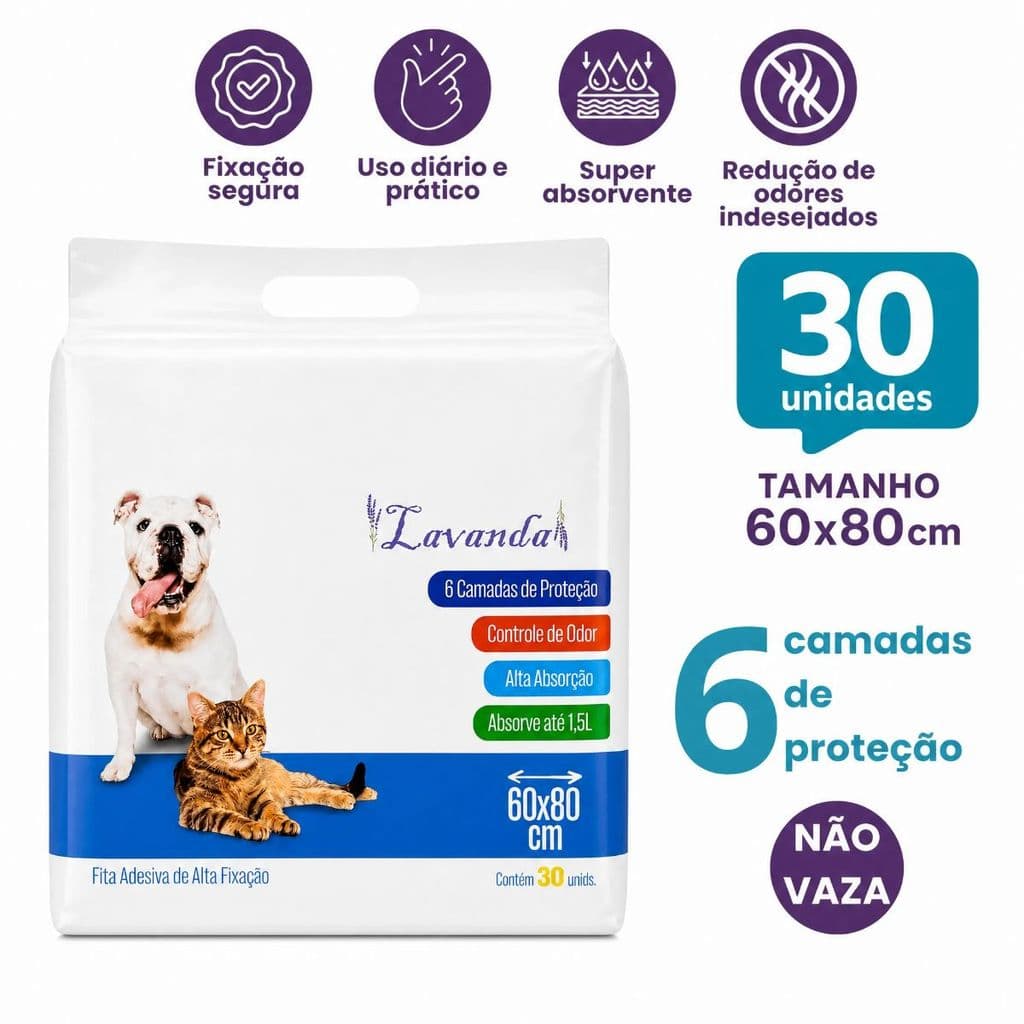 Tapete Higienico P/ Cães E Gatos 60x80 Com 30 Uni Fita Adesiva 6 Camadas Controle de Odor