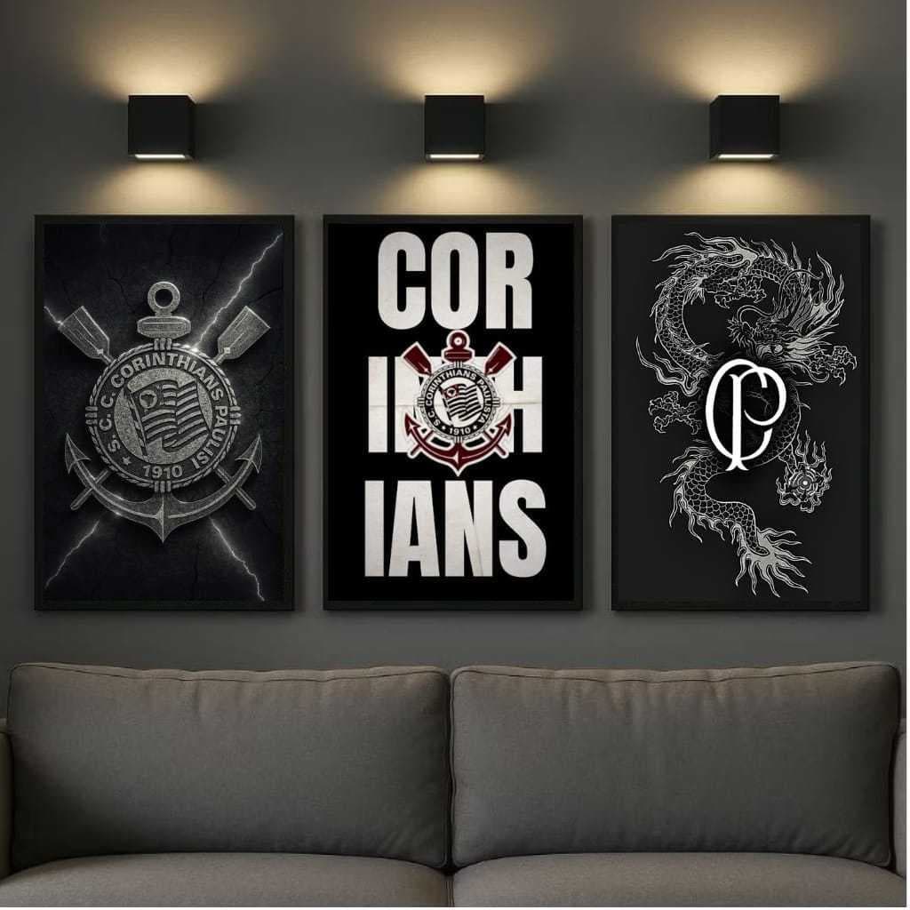 Kit 3 Quadros Corinthians Preto Luxo Escudo  Tipografia  Arte Oriental