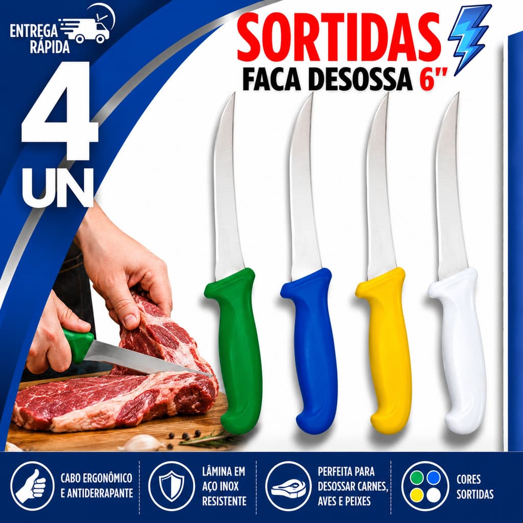 FACAS AÇO INOX 6" PROFISSIONAL DESOSSAR CORTE AFIADO CHEF