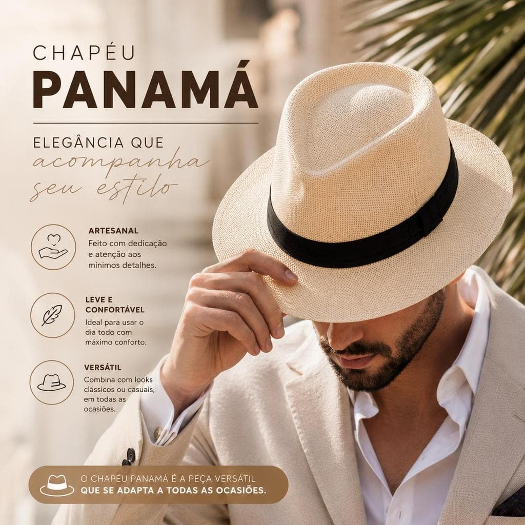 Chapéu Masculino Panamá Malandrinho Palha Shantung Verão Casual Praia Tropical Unissex