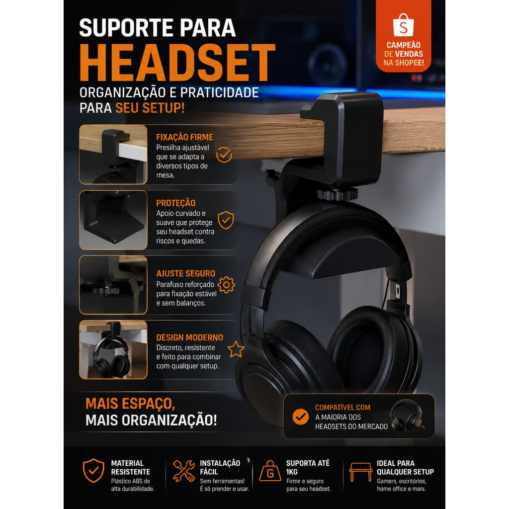 Suporte Universal para Fone de Ouvido Ajustável Organizador de Mesa Headset Gamer Headphones