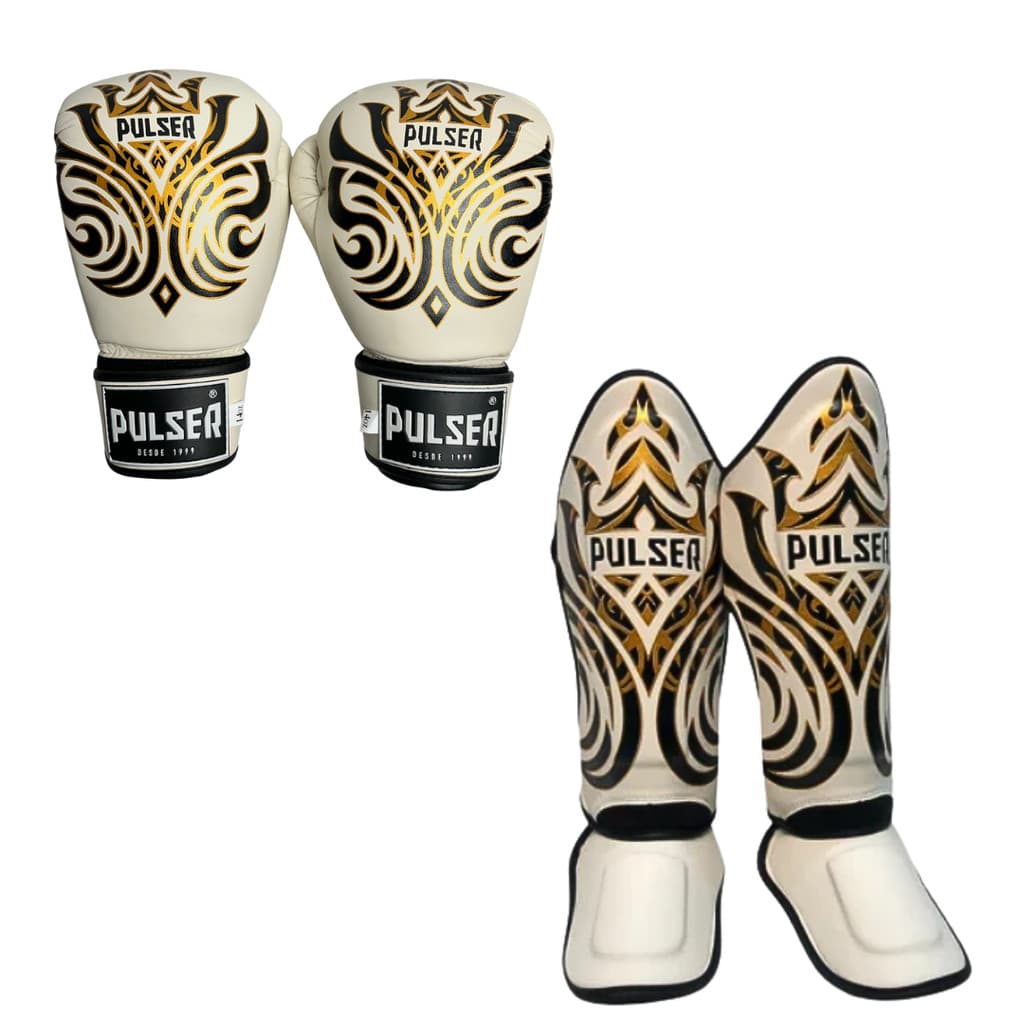 Kit Luva 14oz Caneleira Pamy Creme G Boxe e Muay Thai Pulser