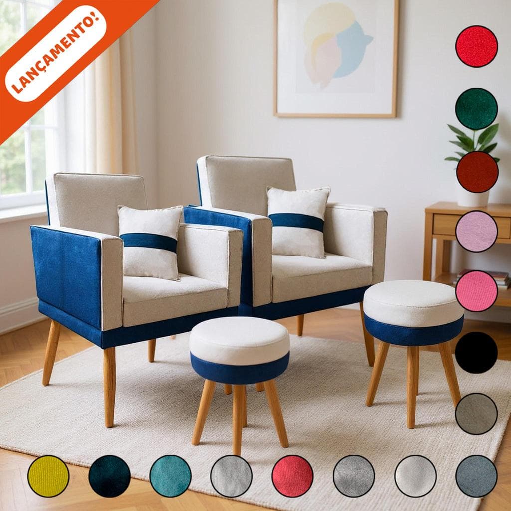 Kit 2 Poltronas Decorativas Para Sala Lis Com 2 Puffs Corino Azul e Veludo Aninha Decor