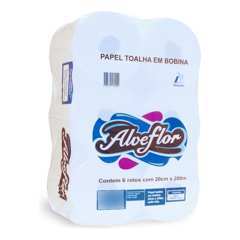 Papel Toalha Bobina 6 Rolos 20x200 M 100% Celulose Alveflor