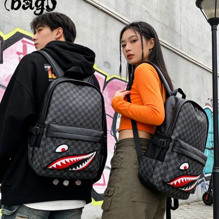 Mochila PU Couro Unissex Casal Viagem Essencial Bolsa Tubarão De Grande Capacidade 0.5kg