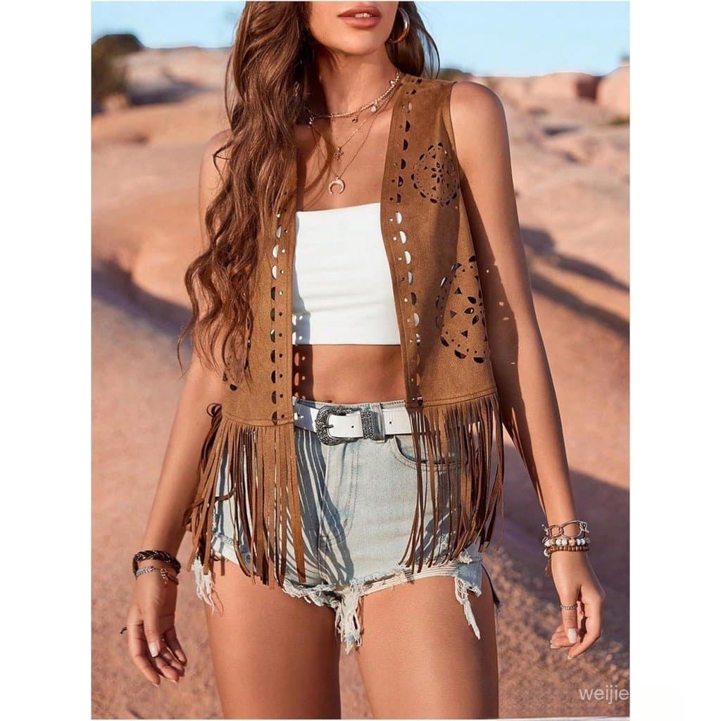 Colete Feminino De Camurça Sintética Com Franjas , Casual , Frente Aberta , Sem Mangas , Borla , Jaqueta Hippie