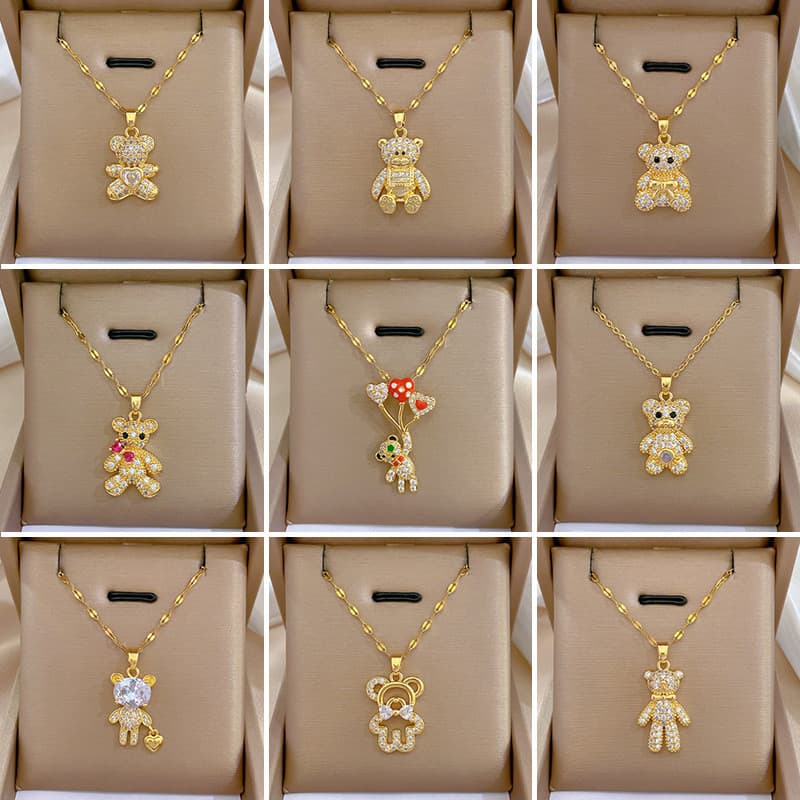 Colar Feminino HT Bear, Micro-Incrustado com Revestimento de Ouro Real, Estilo Exquisito de Celebridade da Internet, Aço