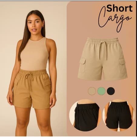 Shorts Feminino Cargo Estilo Casual P ao EG Cores Preto cinza Bege Rosa