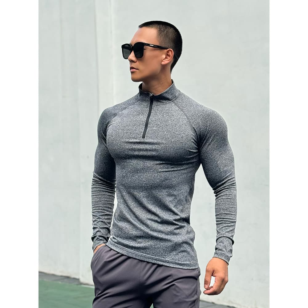 Camiseta esportiva americana masculina de manga comprida meio zíper correndo roupas de Fitness apertadas de secagem rápi