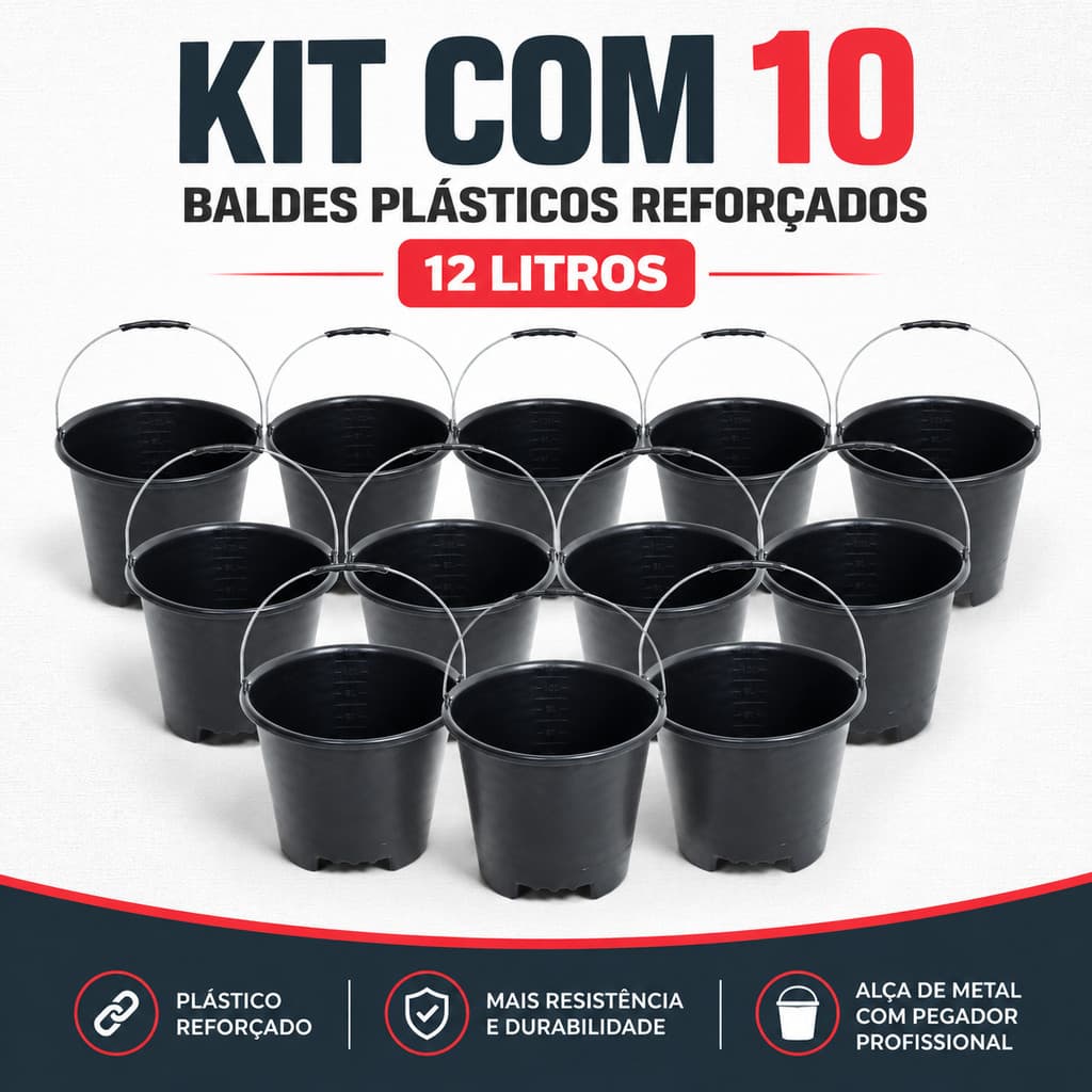 Kit 10 Baldes Reforçados  Com Pegador em Baixo 12 Litros