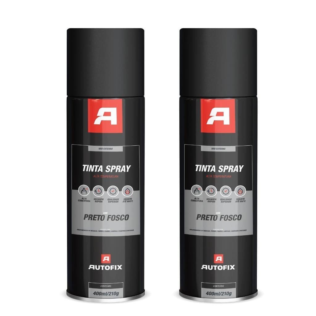 Kit 2 Tinta Sprays Uso Geral 400ml - Autofix 400ml / 210g - Preto Fosco Alta Temperatura