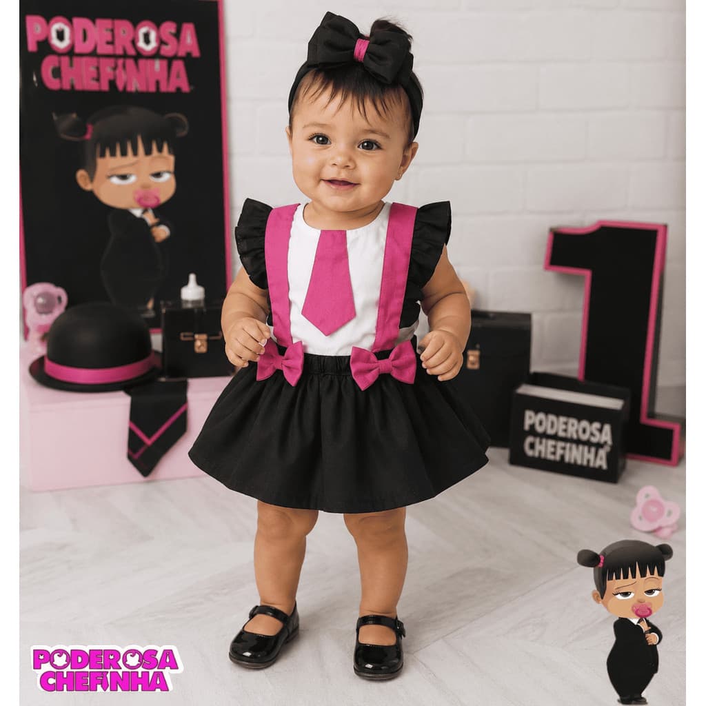 Jardineira Infantil Poderosa Chefinha Preto e Rosa com Turbante Brinde | Fantasia Infantil | Jardineira infantil | Bory