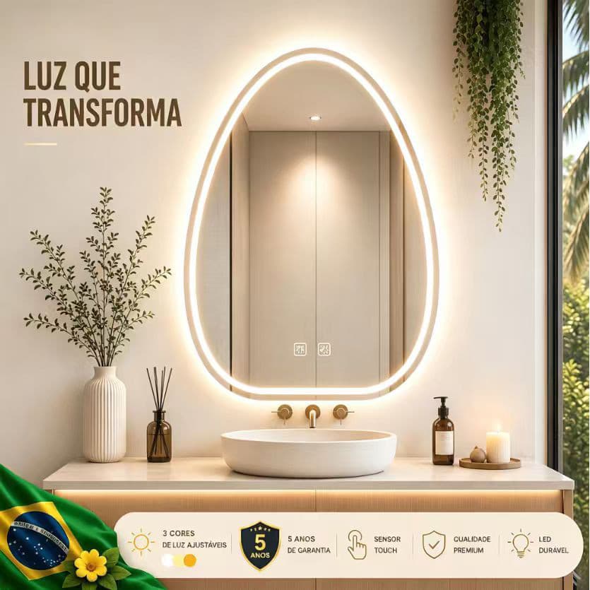 Espelho Inteligente de Banheiro Oval LED 3 Cores 80x60cm*/50x70cm- Espelho de Parede Decorativo Moderno