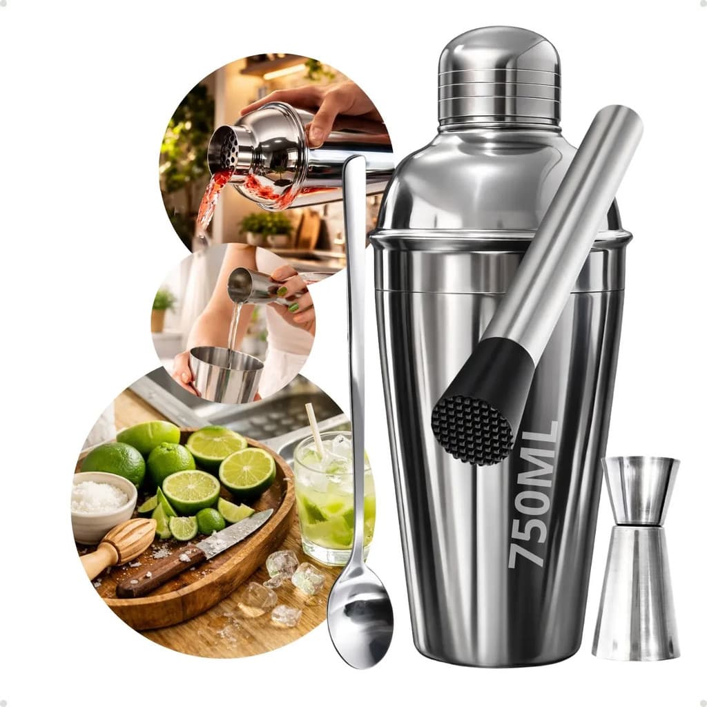 Kit Caipirinha Coqueteleira 750 Socador Dosador Colher Inox