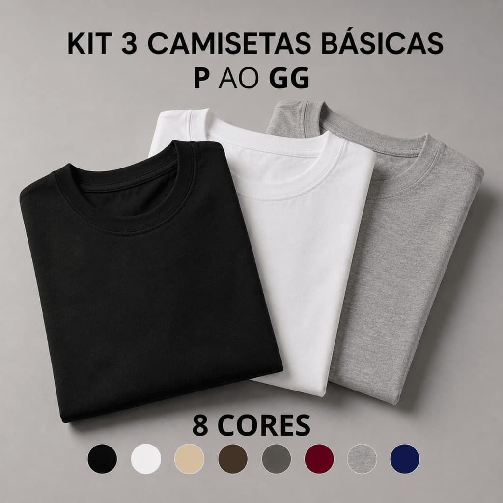 Kit 3 Camiseta Masculina Básica Lisa 100% Algodão Premium Slim Camisa Atacado Promoção T-Shirt