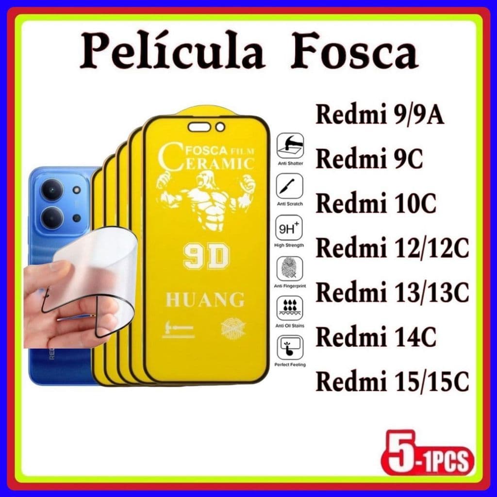 Película de Fosca Cerâmica Flexível 9D Xiaomi Redmi 9 9A 9C 10C Redmi 12 12C 13 13C 14C Redmi 15 15C