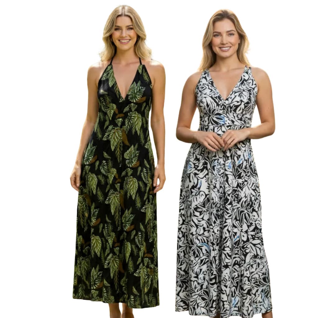 Kit 2 Vestidos Longos Estampados Femininos em Liganete Confortável Para o Dia a Dia e o Verão