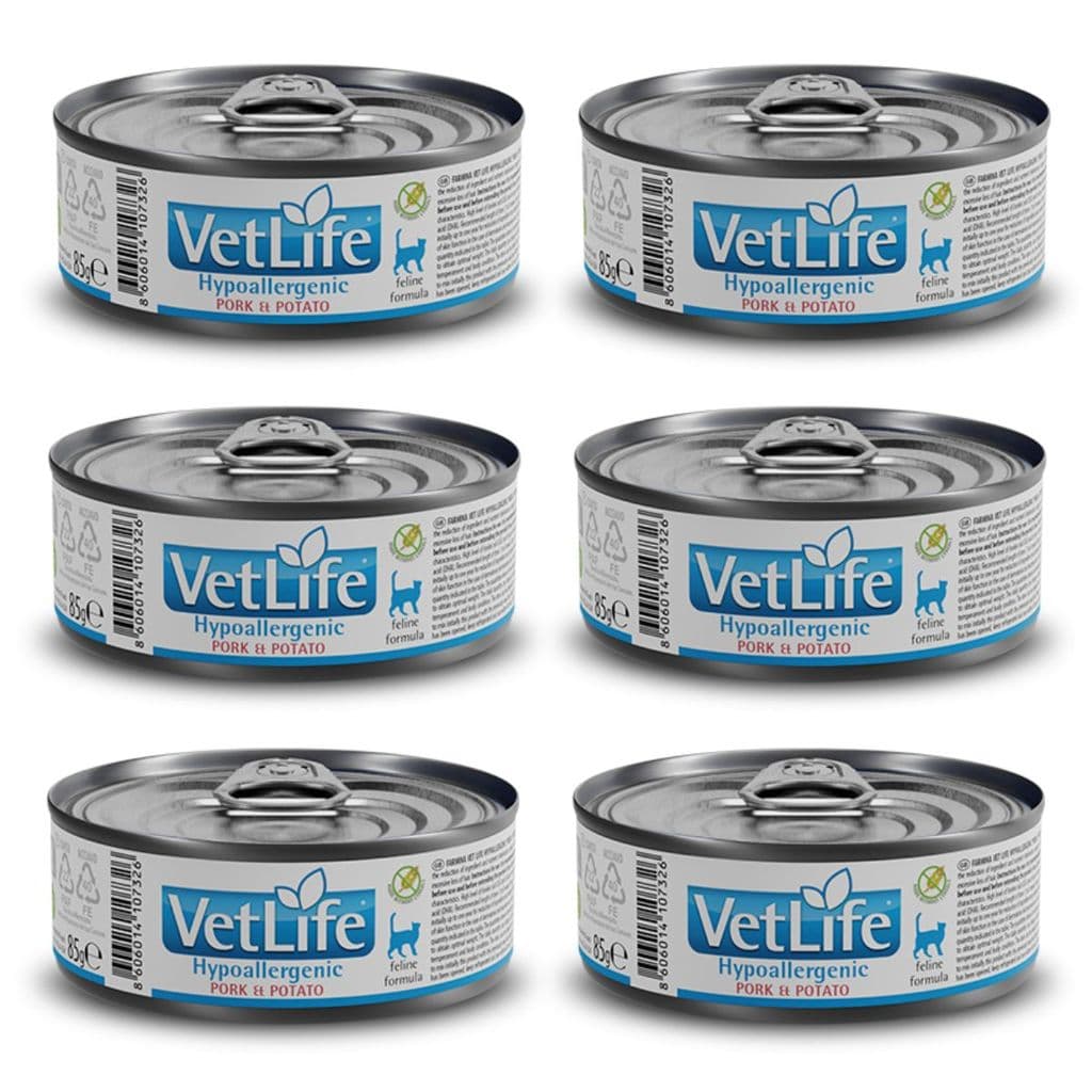 Kit c/ 6 Vet Life Hypoallergenic Pork & Potato Ração Úmida p/ Gatos 85g