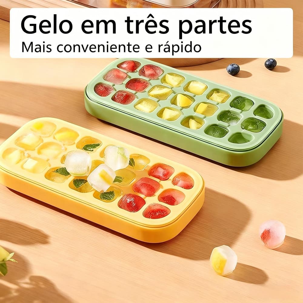Formas de Gelo Silicone com Tampa Rígida Flexível 21 Cubos Fundo Retangular Desmoldagem Fácil Multiuso Lavável
