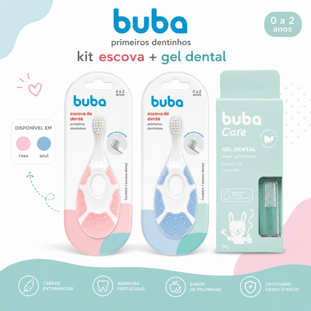 Kit Higiene Bucal Bebê Buba Escova + Gel Dental Sem Flúor