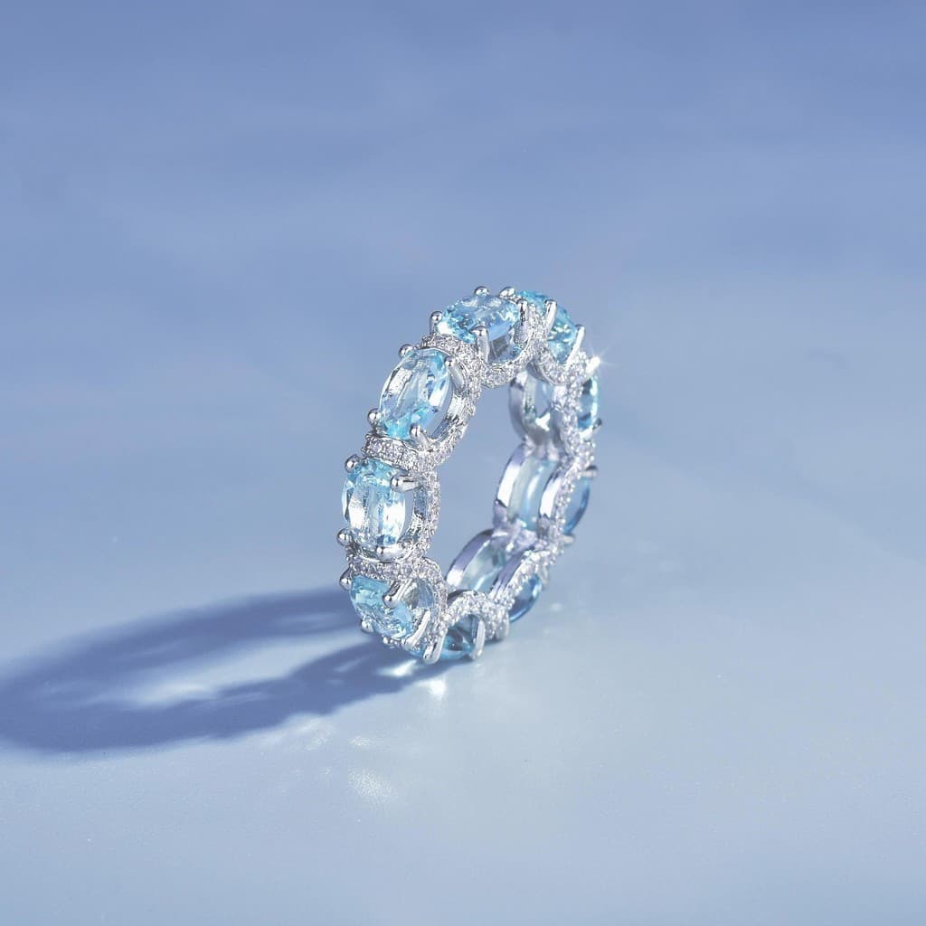 [Estoque pronto] Novo estilo leve luxo Micro-incrustado cheio de diamante mar azul linha anel galáxia princesa renda águ