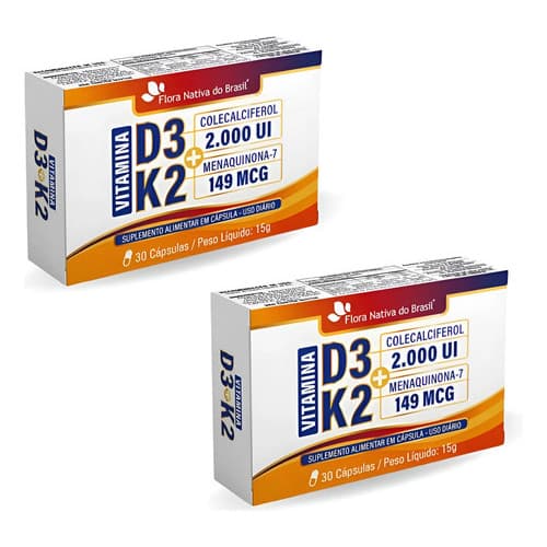 2x Vitaminas D3 + K2 30caps (2000ui D3 E 149mcg K2) 500mg Sem Sabor Flora Nativa