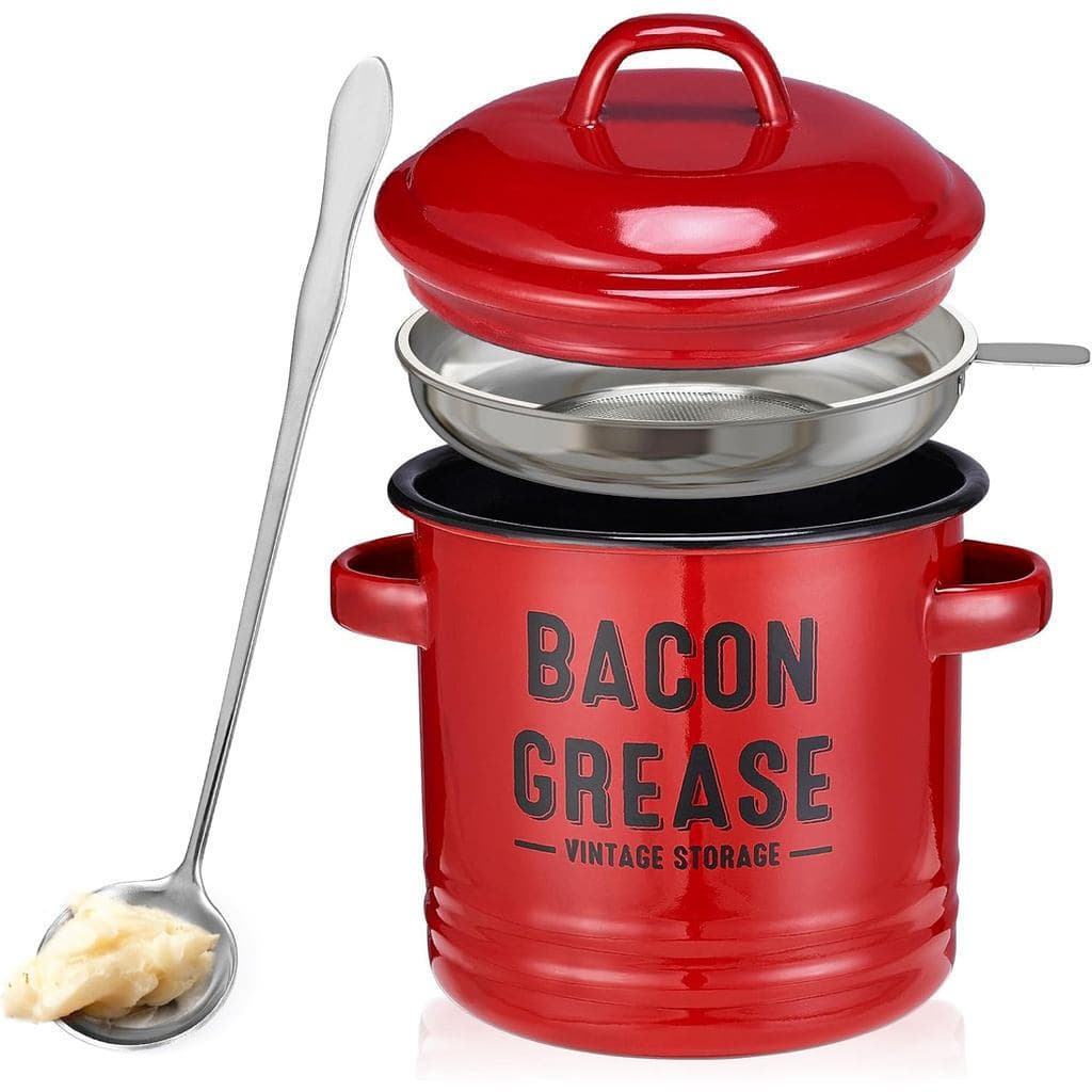 Recipiente para Gordura de Bacon com Filtro - Grande, 46OZ, Vermelho, Recipiente para Armazenamento de Óleo de Cozinha,