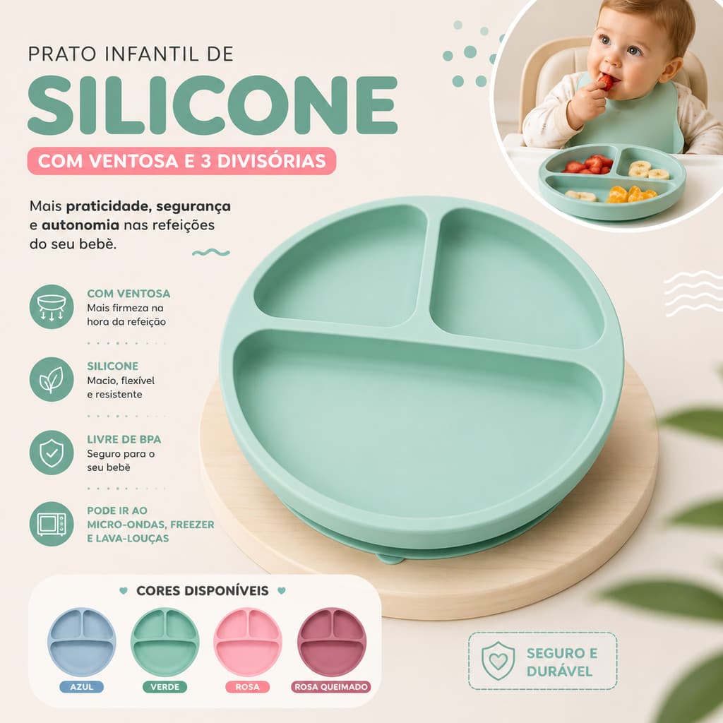 Prato Silicone Bebe Com Ventosa E Divisorias Refeicao Infantil